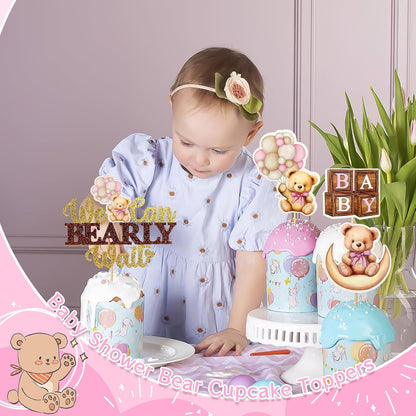 Memovan Bear Baby Shower Cupcake Toppers 25pcs We Can Bearly Wait Cake Cupcake Topper Bear Cake Cupcake Decoration for Baby Girl We Can Bearly Wait