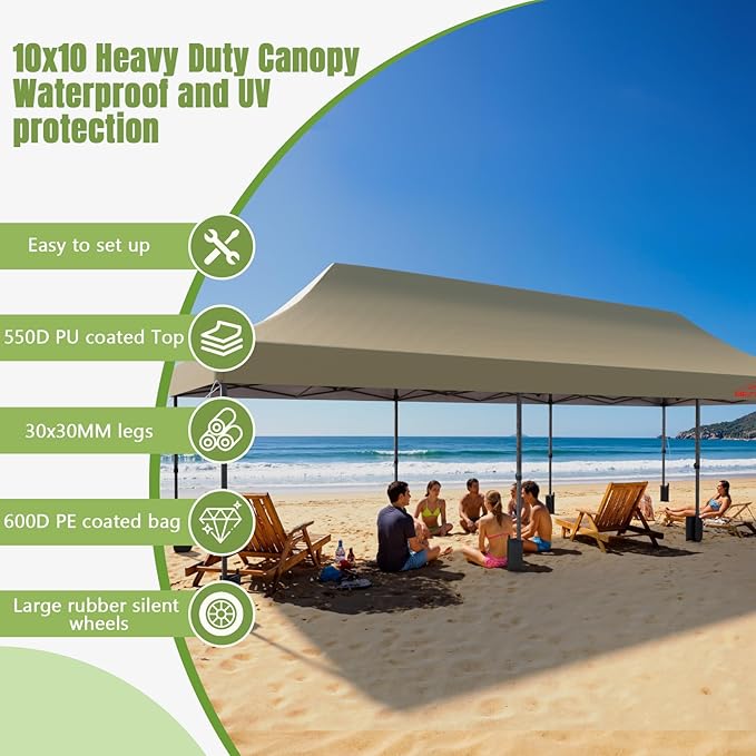 10x30 Heavy Duty Pop Up Canopy with 8 Sidewalls, 550D Commercial Easy Up Canopy Tent, Waterproof Outdoor Party Event Tent with Roller Bag, Khaki