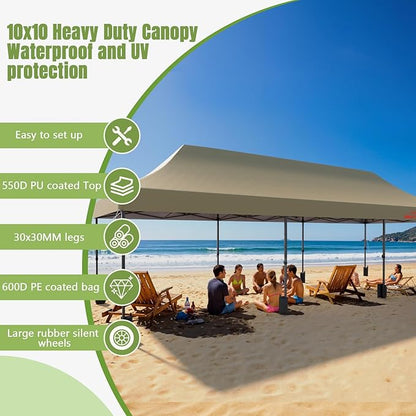 10x30 Heavy Duty Pop Up Canopy with 8 Sidewalls, 550D Commercial Easy Up Canopy Tent, Waterproof Outdoor Party Event Tent with Roller Bag, Khaki
