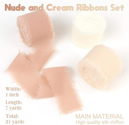 Chiffon Silk Ribbon 1 Inch x 21Yds Handmade Fringe Chiffon Silk Ribbon Peach Powder/Nude/Cream Frayed Chiffon Ribbon for Wedding Invitation Flower Bouquets Bridal Shower Gift Wrapping