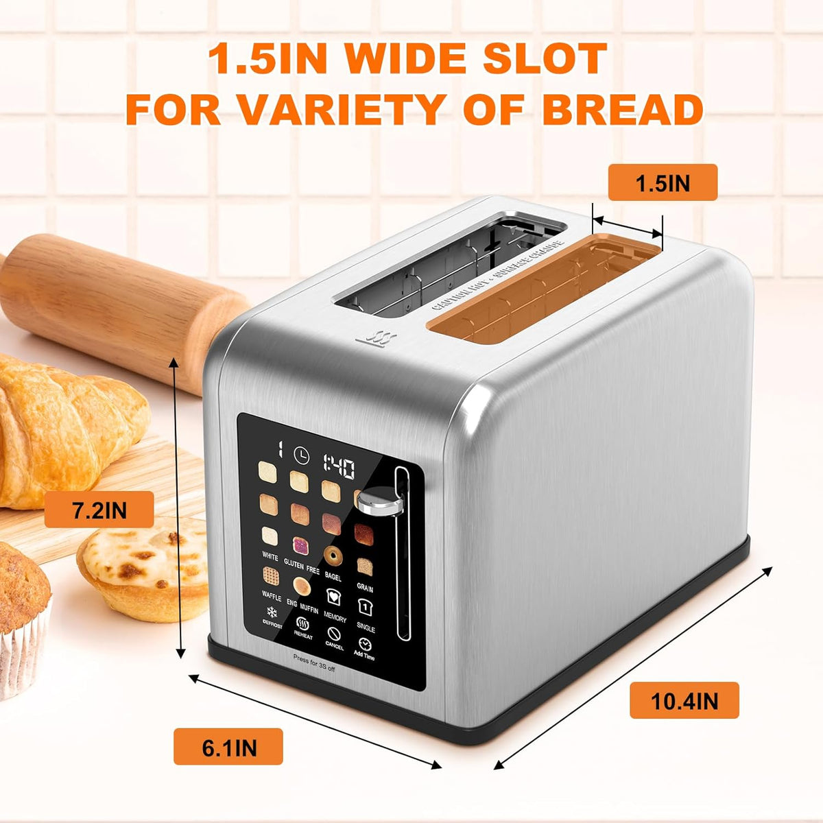 2 Slice Toaster Touch Screen, Stainless Steel Toasters Digital Timer 2 Slot Toasters, 8 Shade Settings 6 Bread Types for Bagel, Cancel, Defrost（Stainless Steel）