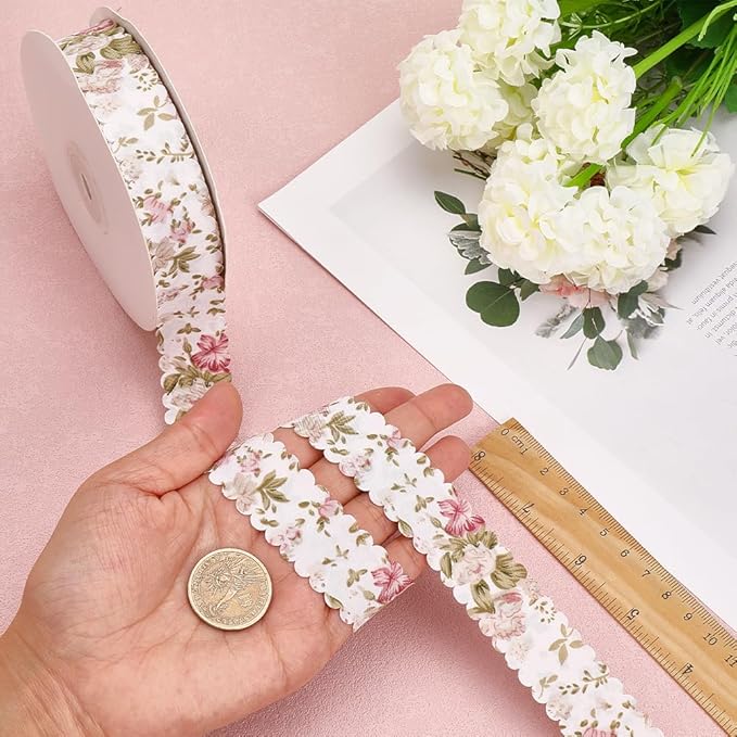 20 Yards Flower Print Ribbon White Spring Summer Floral Pattern Polyester Ribbon Vintage Wavy Edge Ribbons Bulk with Spool for Sewing Making Craft Bouquet Home Decor Wedding DIY Christmas