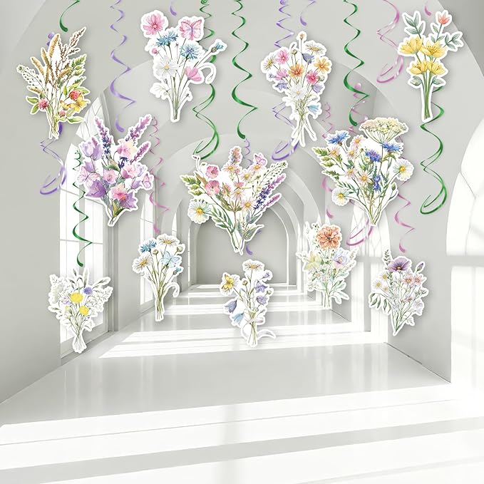 Wildflower Hanging Swirls - 30Pcs Wildflower Ceiling Hanging Decorations Floral Hanging Streamers for Spring Flower Garden Themed Party Supplies