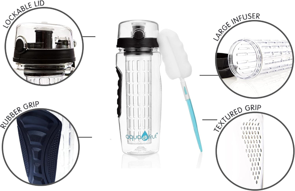 AquaFrut 32 OZ Fruit Infuser Water Bottle BPA-Free Fruit Infusion Sports Bottle - Flip Top Lid w Drinking Spout, Leak Proof, Made of Durable Tritan