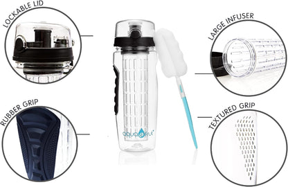 AquaFrut 32 OZ Fruit Infuser Water Bottle BPA-Free Fruit Infusion Sports Bottle - Flip Top Lid w Drinking Spout, Leak Proof, Made of Durable Tritan