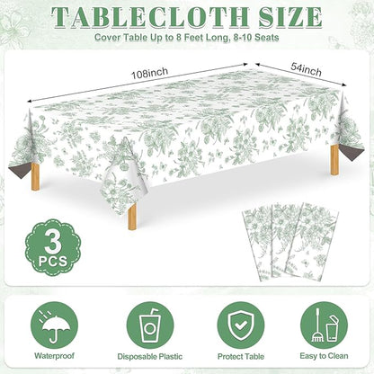 3 Pack Sage Green Floral Plastic Tablecloths, 54 X 108Inch Tea Party Tablecloth Disposable Table Cloths Green and White Porcelain Tables Decor for Garden Wedding Tea Party Birthday Baby Bridal Shower