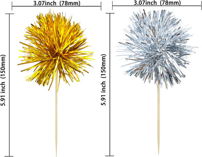 Ephlyn 30Pcs Foil Firework Cupcake Toppers Party Birthday Cake Toppers Supplies Sparkle Tinsel Cocktail Fruit Toothpick for Birthday Wedding Graduation Party Supplies Gold Silver
