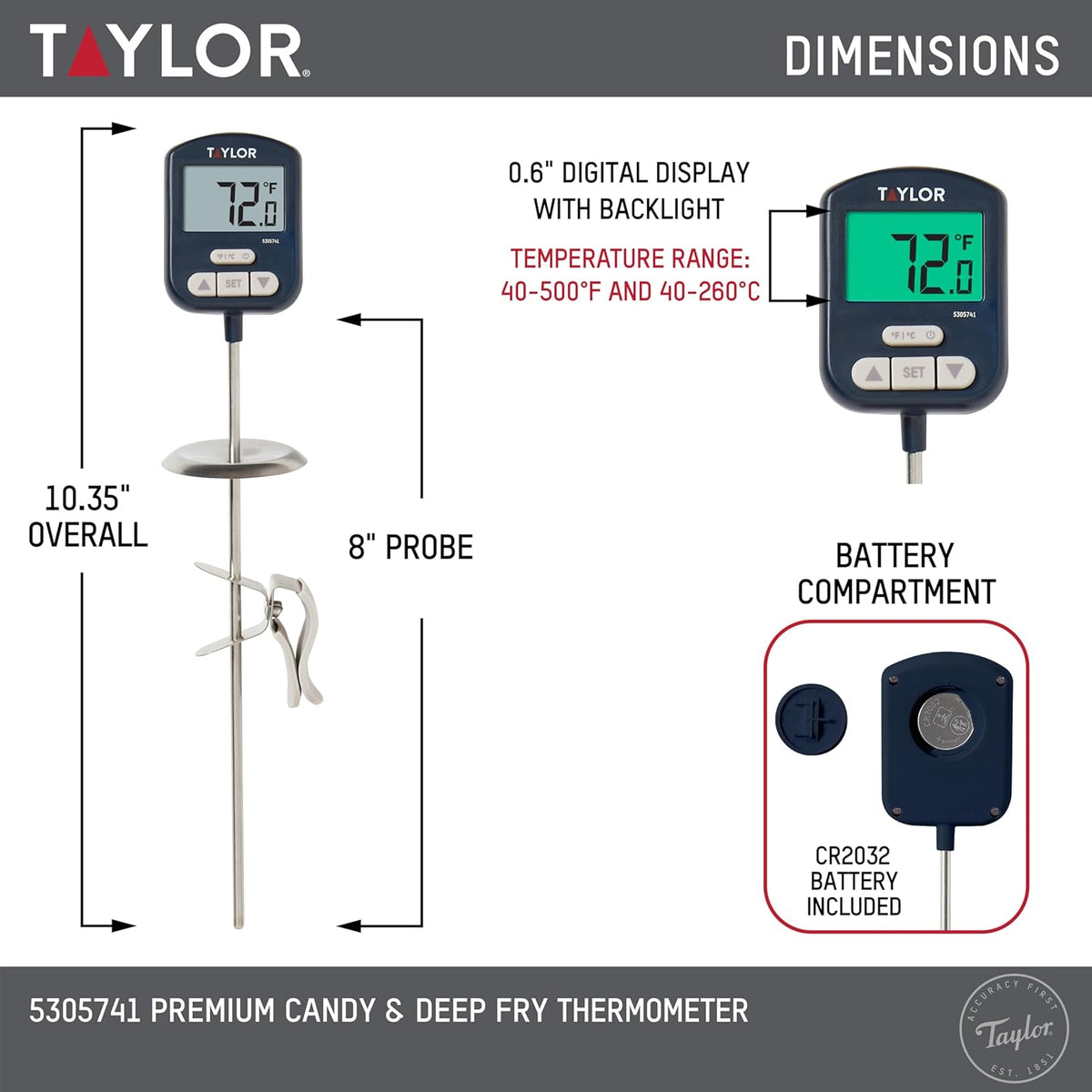 Taylor Digital Premium High Heat Resistant Candy Thermometer, Meat, Deep Fry, Brewing, and Craft Thermometer, with pan/Kettle Clip and Heat Shield