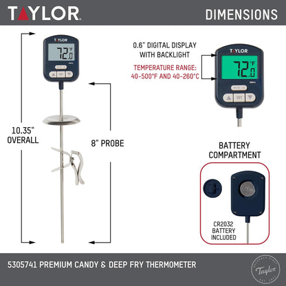 Taylor Digital Premium High Heat Resistant Candy Thermometer, Meat, Deep Fry, Brewing, and Craft Thermometer, with pan/Kettle Clip and Heat Shield