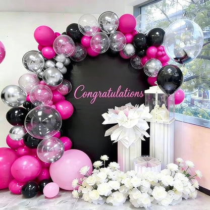 60pcs Hot Pink Black Clear Balloons Kit, 12 Inch Gothic, Glam & Princess Theme Party Balloons for Birthday, Graduation, Halloween, Mother's Day & Boho Chic Events Decorations