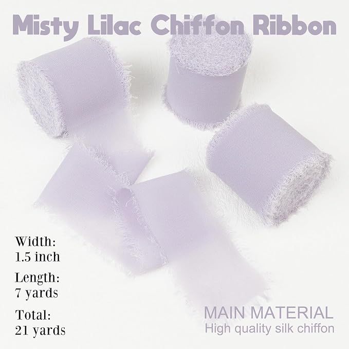 Misty Lilac Chiffon Ribbon - 1.5 Inch x 21 Yards, Boho Frayed Fringe Silk Ribbon for Gift Wrapping, Wedding Invitations, Bridal Flower Bouquets