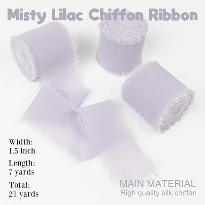 Misty Lilac Chiffon Ribbon - 1.5 Inch x 21 Yards, Boho Frayed Fringe Silk Ribbon for Gift Wrapping, Wedding Invitations, Bridal Flower Bouquets