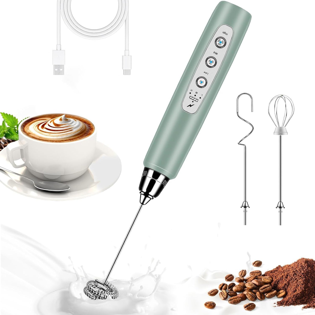Milk Frother Handheld for Coffee, Electric Whisk 3 Speed Adjustable, Drink Mixer with Stainless 3 Whisks, Rechargeable Hand Frother Wand