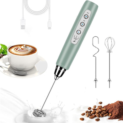 Milk Frother Handheld for Coffee, Electric Whisk 3 Speed Adjustable, Drink Mixer with Stainless 3 Whisks, Rechargeable Hand Frother Wand