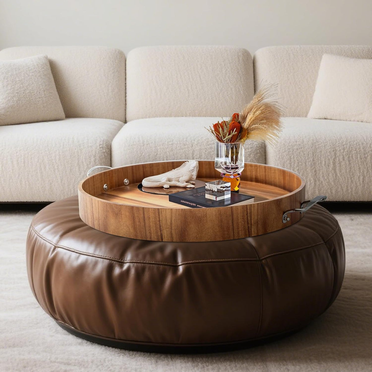Ottoman Tray with Handles, 20 Inch Round Ottoman Tray Large Trays for Ottomans Wooden Serving Tray Decorative Trays for Living Room, Party, Breakfast