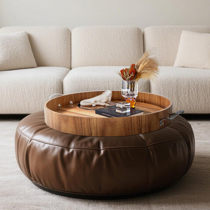 Ottoman Tray with Handles, 20 Inch Round Ottoman Tray Large Trays for Ottomans Wooden Serving Tray Decorative Trays for Living Room, Party, Breakfast