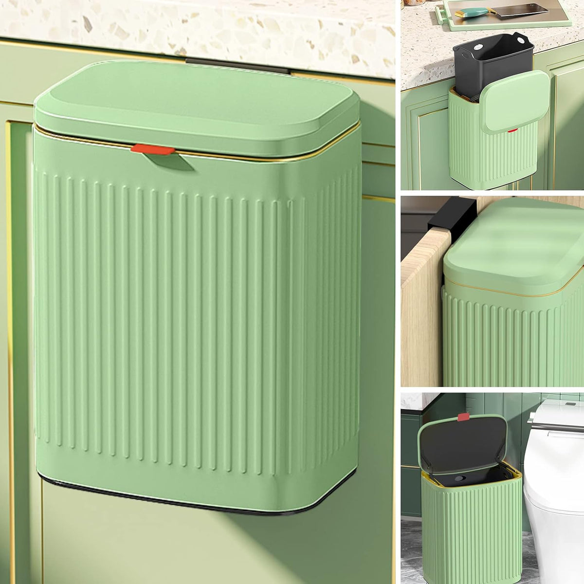 GloDeals Kitchen Trash Can with Lid, 2 in 1 Small Garbage Can Compost Bin Countertop, Wall-Mounted Under Sink Indoor Trash Bin for Kitchen, Bathroom, Cabinet Trash Can Hanging (Vintage Green/2.1Gal)