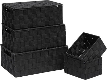 Storage Bins Woven Organizer with Lids Set of 5 – Polypropylene Storage Baskets with Metal Frame, Stackable Fabric Boxes for Drawers, Closet, Shelf, Nursery and Office, Black