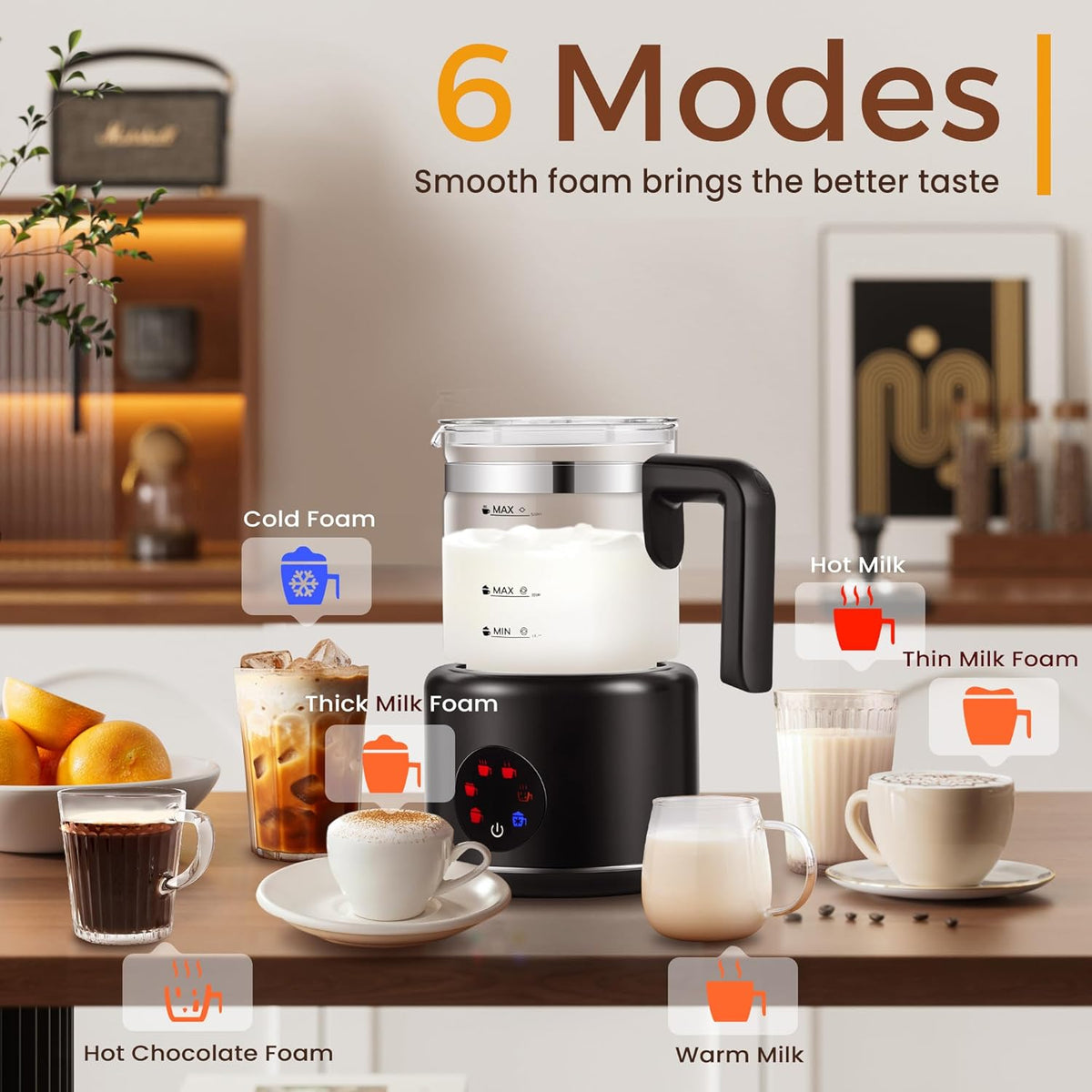 Milk Frother and Steamer, 6 in 1 Milk Steamer and Milk Warmer, 17oz Auto Shut Off Electric Frother with Touch Screen, Hot/Cold Foam Maker for Coffee, Latte, Cappuccino, Hot Chocolate