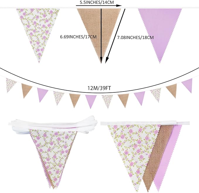Zwiebeco 39Ft Purple Floral Fabric Pennant Banner Vintage Burlap Triangle Flag Retro Flower Bunting Party Decoration for Birthday Engagement Wedding Bridal Baby Shower Rustic Village Home Garden Decor