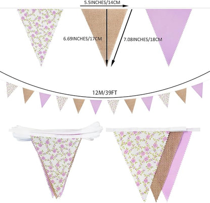 Zwiebeco 39Ft Purple Floral Fabric Pennant Banner Vintage Burlap Triangle Flag Retro Flower Bunting Party Decoration for Birthday Engagement Wedding Bridal Baby Shower Rustic Village Home Garden Decor