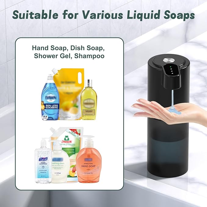 Automatic Dish Soap Dispenser for Kitchen Wall Mounted Touchless Liquid Soap Dispenser USB C Rechargeable for Hand for Bathroom IPX5 Waterproof, Matte Black