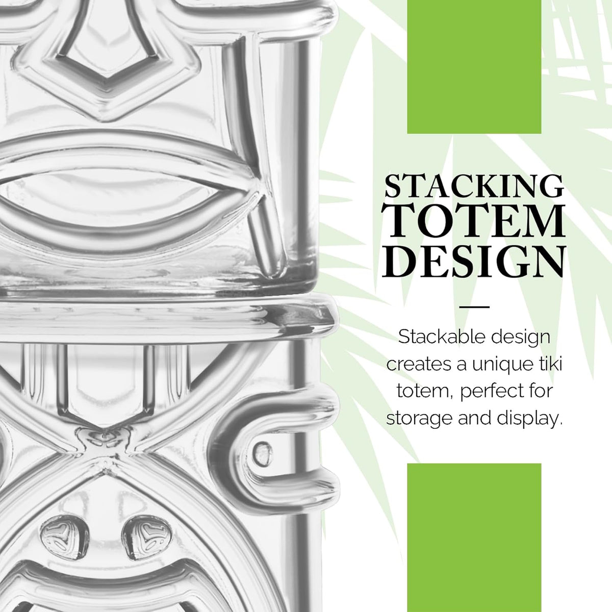 Final Touch Tiki Glasses Set of 4 - Kanaloa, Lono, Kū, Kāne Designs, 12 oz (355 ml), Clear, Stackable Totem Pole Storage