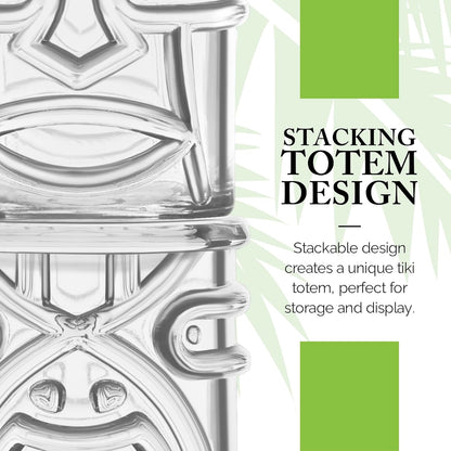 Final Touch Tiki Glasses Set of 4 - Kanaloa, Lono, Kū, Kāne Designs, 12 oz (355 ml), Clear, Stackable Totem Pole Storage