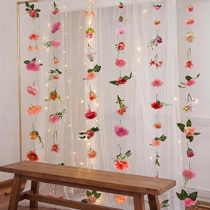 Suncalla 6 Pcs 35.46 ft Flower Garlands Backdrop Spring Artificial Wildflower Vines Floral Decorations for Party Fake Flower Vines Faux Silk Wildflower for Easter Wedding Garden Wall Arch(Soft Pink)