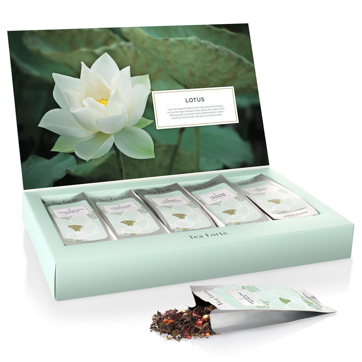 Tea Forte Lotus Single Steeps Loose Leaf Premium Tea Gift Set Sampler, 15 Count 3 of Each Assorted Blends, Pre-Portioned Single Serve Pouches
