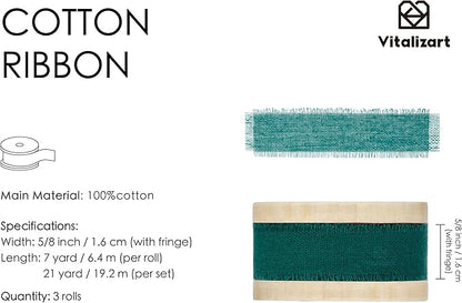 Vitalizart Green Cotton Ribbon Handmade Fringe 5/8" x 21 Yd Dark Green Pure Natural Cotton Ribbons for Gift Wrapping Wedding Invites Bridal Shower Bouquets Holiday Decor