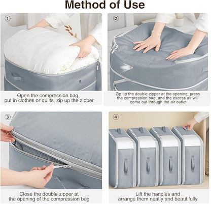 DIMJ Comforter Storage Bag - 110L Ultra Space Saving Self Compression Organize 4 Pack for Duvet, Pillow, Bedding, Blanket Storage Organizer Nylon Compression Bags
