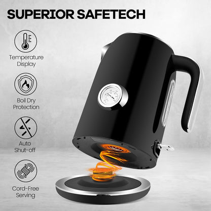 Pukomc Electric Kettle, 1.7L Stainless Steel Tea Kettle with Temperature Gauge, 1500W Water Boiler with LED Light, BPA-Free