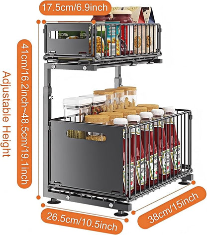 Under Sink Organizer, 2-Tier Multi-Use Kitchen and Bathroom Organizers and Storage, Slide Out Thickened Metal Under The Sink Organizer for Kitchen Bathroom Pantry (Style B Black, 1 Pack)