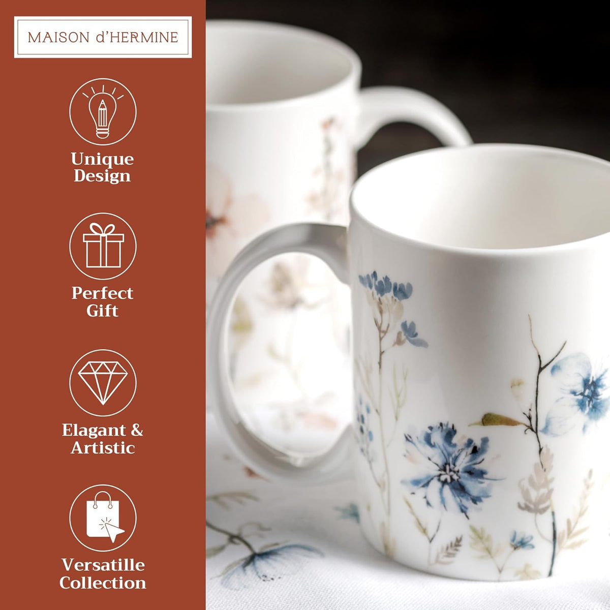 Maison d' Hermine Coffee Mug with Handles Fine Bone China Mugs Pack of Two Tea Cups for Hot Beverages Cappuccino Latte Home Restaurant Office Perfect for Gift (Ice Florals, 15 Ounce)