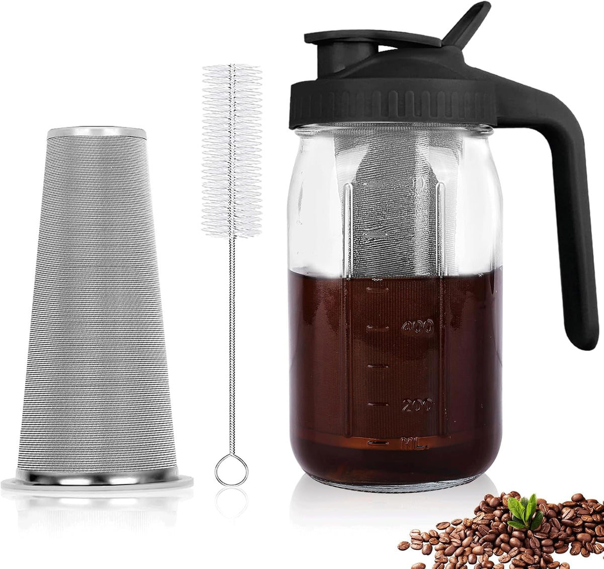 Cold Brew Coffee Maker,64 oz Mason Jar Pitcher with Stainless Steel Filter, Pour Spout Handle Lid