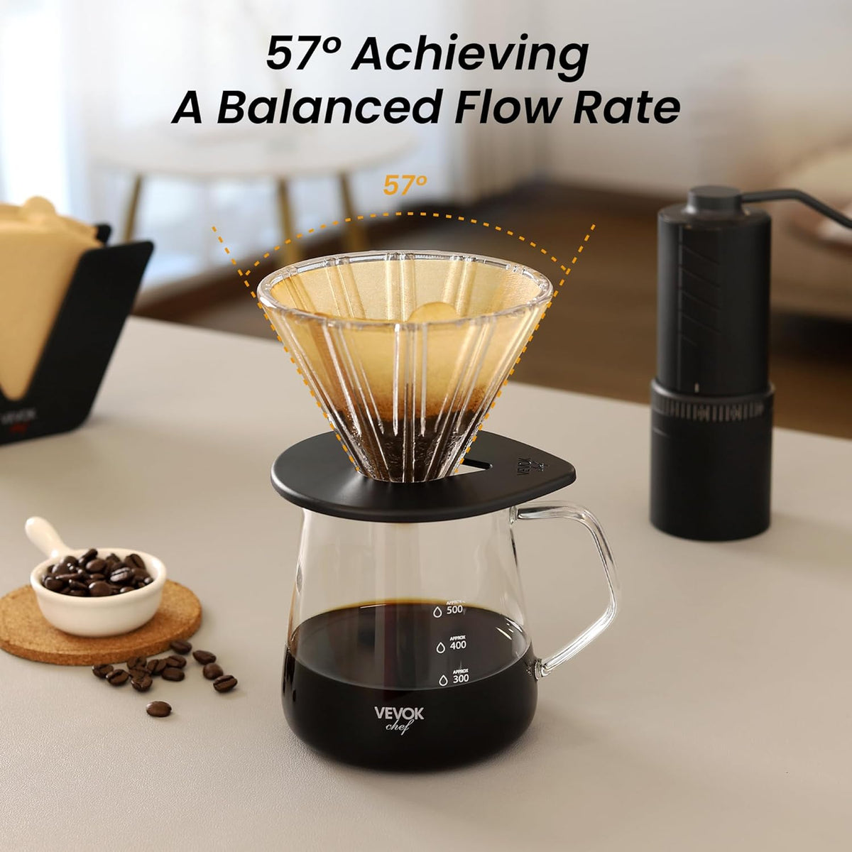 Vevok Chef Pour Over Coffee Maker Set, 20 Oz Borosilicate Glass Server Carafe and Glass Coffee Dripper with 100pcs Cone Paper Filter