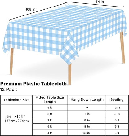 12 Pcs Light Blue Checkered Tablecloth 54 ×108 Inches Rectangle Blue Gingham Tablecloth Disposable Plastic Waterproof Table Cover for Outdoor Picnic, Kitchen, Holiday Birthday Party