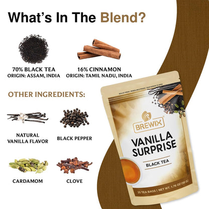 Brewix, Vanilla Spiced Chai Tea (25 Pyramid Tea Bags), High Caffeine, Gluten Free, Blend Of Vanilla & Masala Chai Tea, Black Tea with Cinnamon