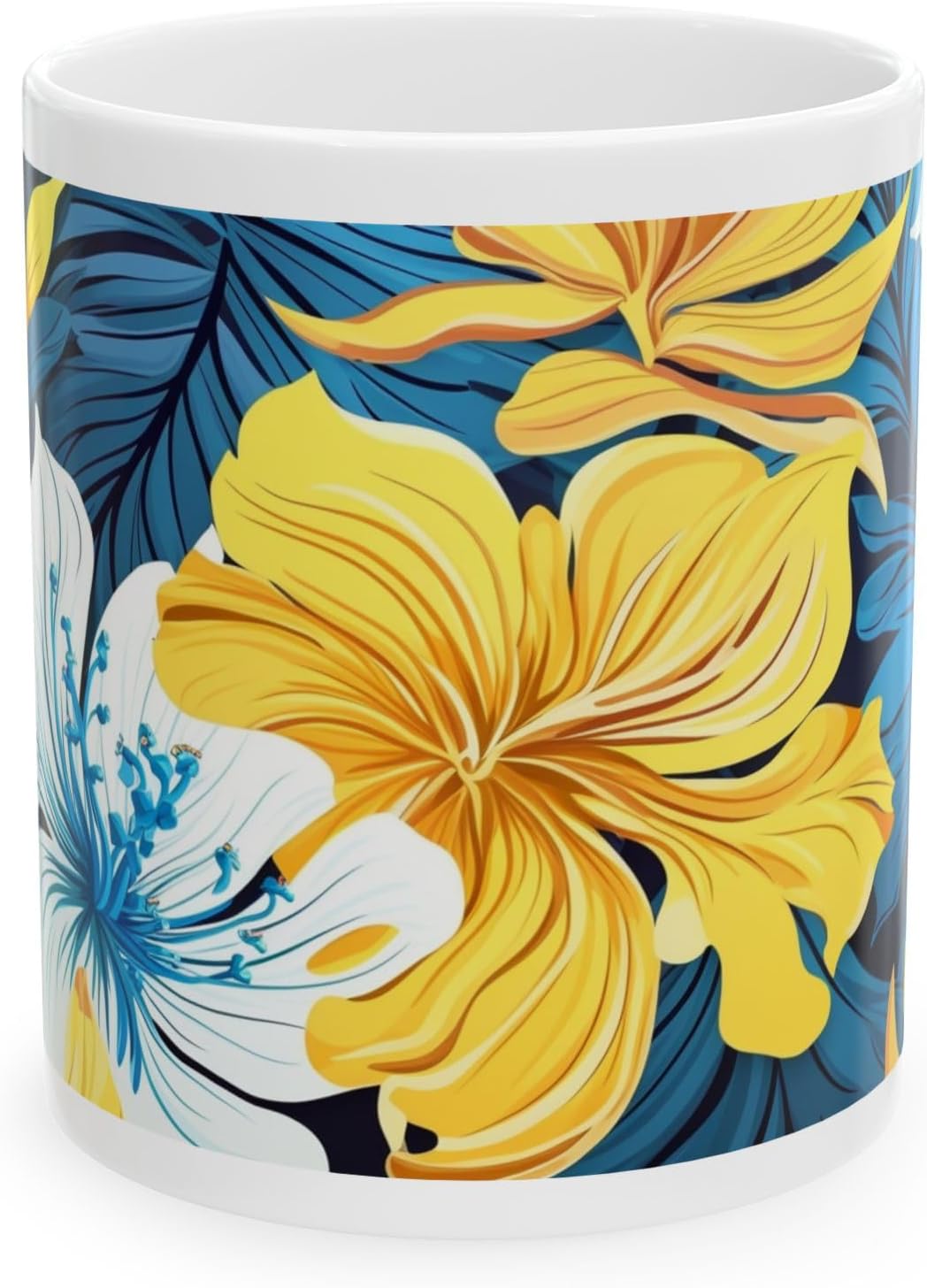 11 OZ Novelty Coffee Mugs - Christmas Gift (White & Yellow Flower Mug)