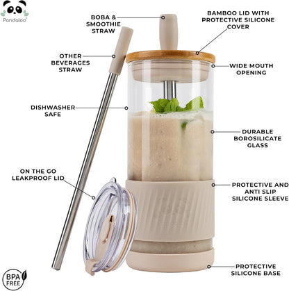 Pandaloo® Glass Cups With Lids and Straws -20 Fl Oz- Perfect Size Iced Coffee Cup - Smoothie Cup With Bamboo Lid and On the go Lid (Creamy Mushroom, 1 Count (Pack of 1)