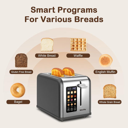 Mecity 2 Slice Touch Screen Toaster, 1.5" Wide Slot, Stainless Steel Smart Toaster for Bagels, Muffins, Waffles, Gluten-Free Breads, Defrost, Reheat, Timer, 120V 825W, Pearl Grey