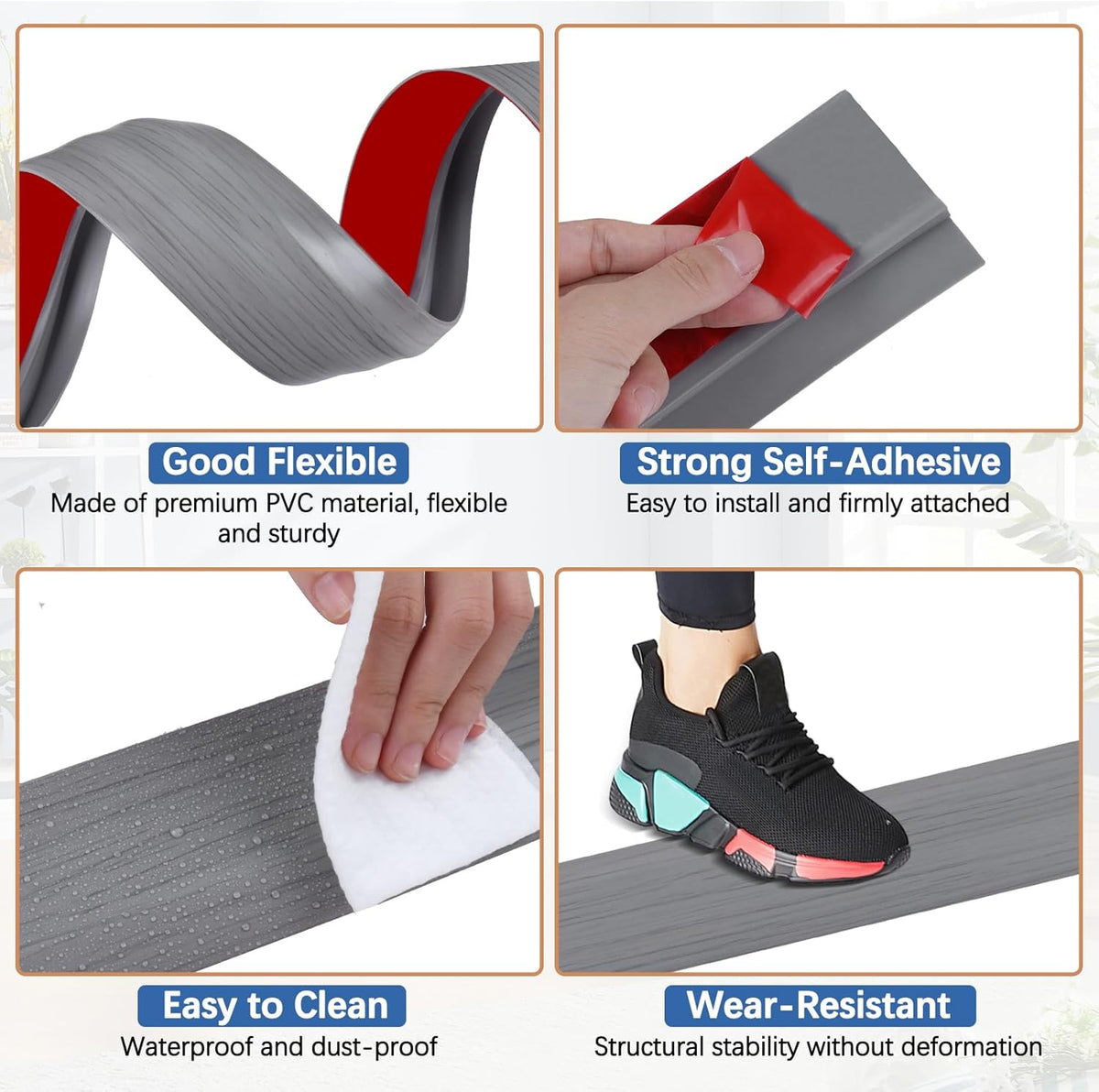 Vinyl Door Threshold Flooring Transition Strip Self Adhesive Carpet Edging Strip for Laminate Doorway Edge Threshold from 1/5" to 2/5" (Light Gray Wood Grain, 10 Ft)