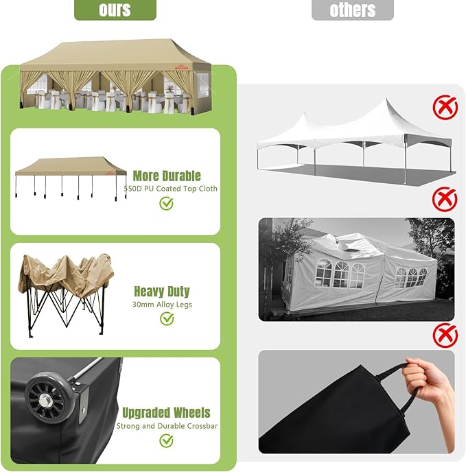 10x30 Heavy Duty Pop Up Canopy with 8 Sidewalls, 550D Commercial Easy Up Canopy Tent, Waterproof Outdoor Party Event Tent with Roller Bag, Khaki