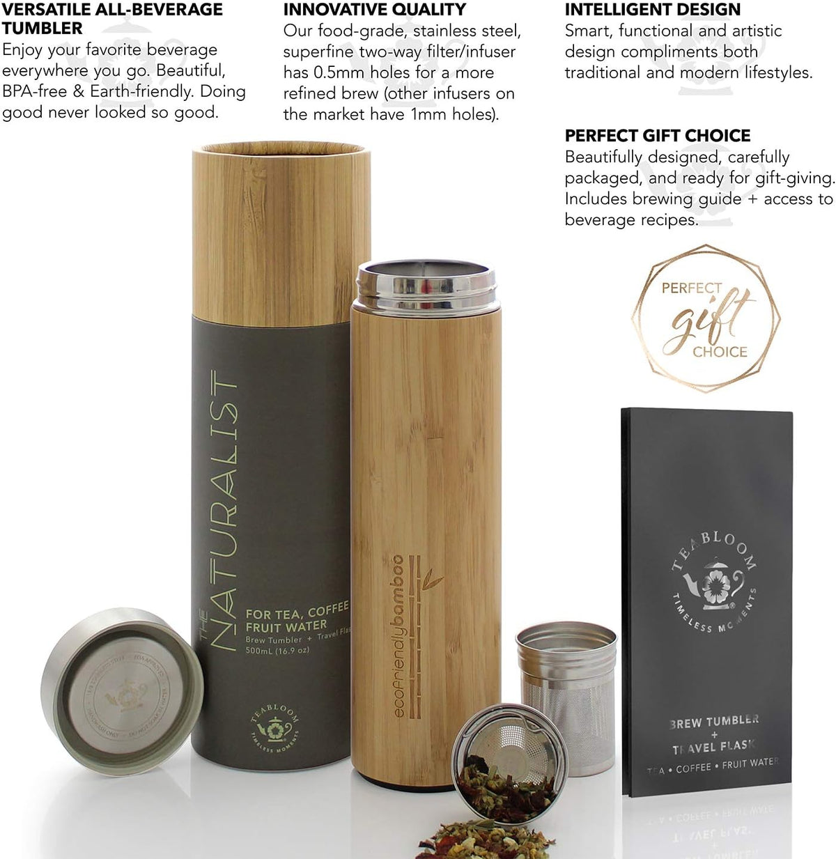 Teabloom All-Beverage Travel Tumbler – Large Capacity 17 oz / 500 ml – Insulated Thermos Mug – Eco-Friendly Bamboo – Hot and Cold Tea Infuser