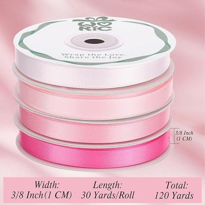 woric 120 Yards Pink Satin Ribbon 3/8 Inch x 4 Rolls, 30 Yd/Roll Mothers Day Craft Thin Ribbon for Graduation Leis Gift Wrapping Hair Bows Baby Bridal Shower Wedding Decor