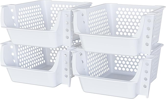 TidyFriend 4 Pack Stackable Storage Bins Open Front for Pantry Organizers and Storage, Plastic Storage Bins, Dorm Room Essentials, Pantry Storage for Food, Kitchen and Home Organization (White)