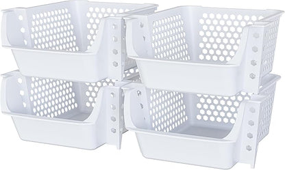 TidyFriend 4 Pack Stackable Storage Bins Open Front for Pantry Organizers and Storage, Plastic Storage Bins, Dorm Room Essentials, Pantry Storage for Food, Kitchen and Home Organization (White)