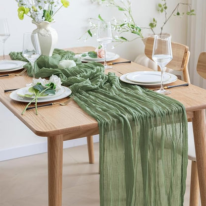 Asee'm 2pcs Cheesecloth Table Runner 120 Inches Sage Green Boho Gauze Cheese Cloth Runner 10FT Rustic Sheer Table Runners for Spring Easter Wedding Baby Shower Holiday Party Decoration