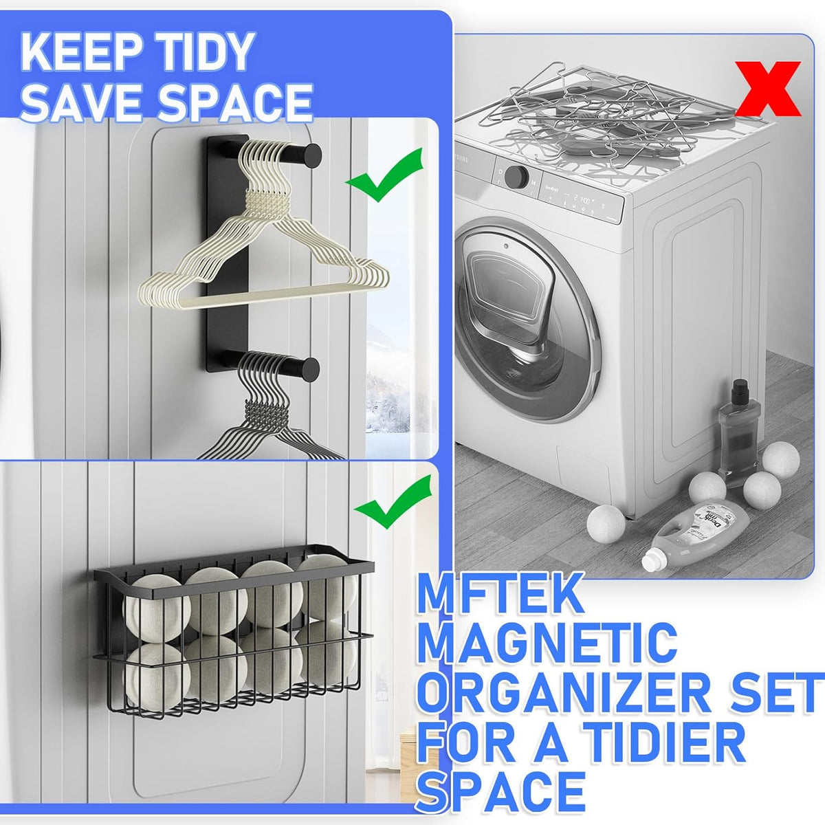 MFTEK Magnetic Dryer Ball Holder and Magnetic Hanger Holder for Laundry Room Organization, Extendable Hanger Organizer Stacker, Magnet Lint Bin, Metal Basket Dryer Ball Container Set (Black)